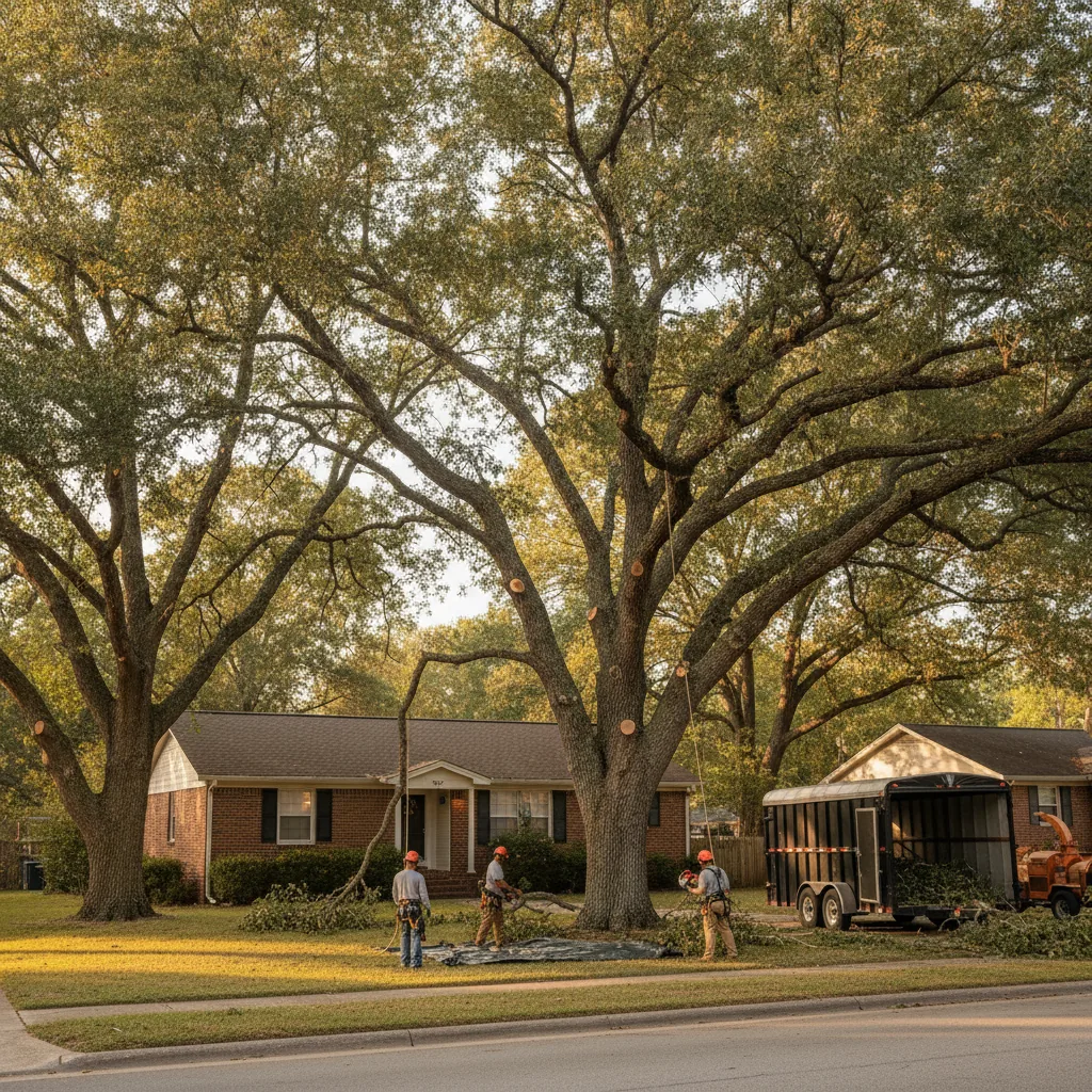 Tree service crew clearing storm damaged limbs from a residential yard in McComb Mississippi